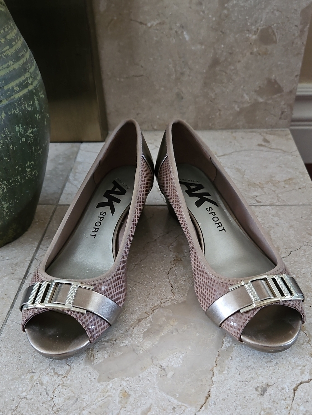 Anne Klein Rose Gold Peep-Toe Flats with Metallic Accent